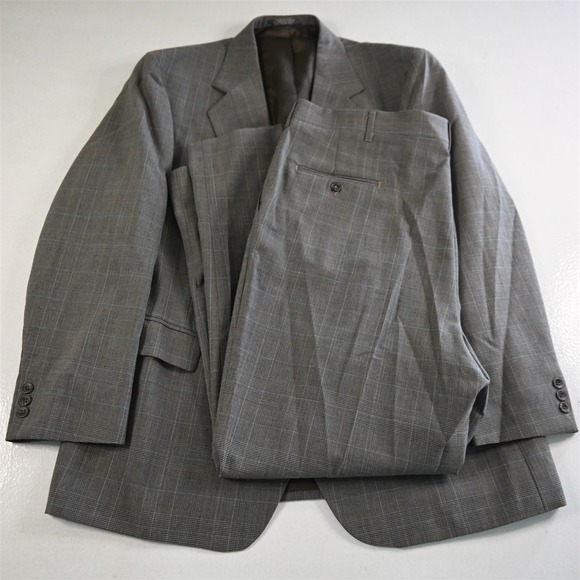 Vtg USA Made 44R 38x30 Brown Glenn Check Wool Mens Jacket Pants Suit